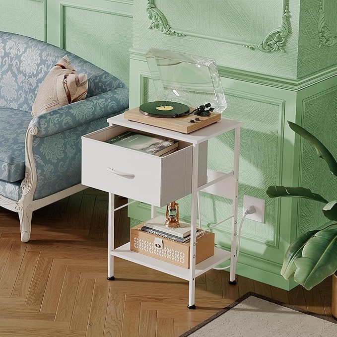 WLIVE Nightstand with Charging Station, 25" H Nightstand with 1 Fabric Drawer and Open Wood Shelf, Bed Side Table for Bedroom, 2-Tier Storage End Table, Small Dresser for Dorm, Entryway, White