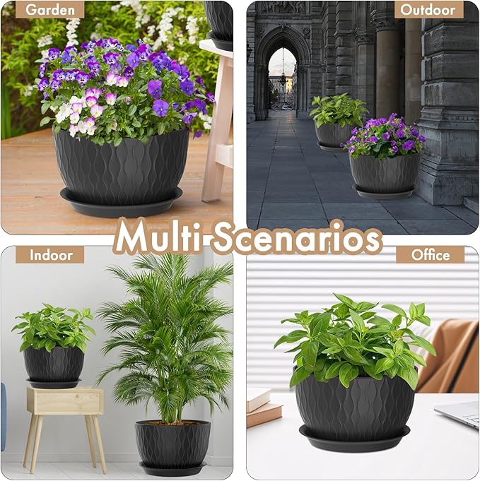12 Inch Large Plant Pots for Indoor or Outdoor Plants, Wide Water Ripples Flower Pots with Drainage Holes & Saucer, Plastic Planters Set for Garden & Home Decor (Black)