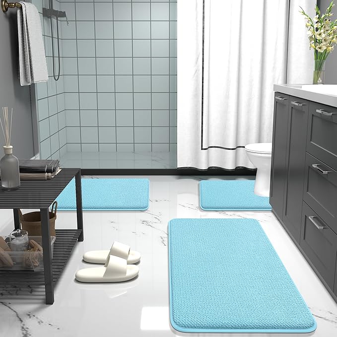 OLANLY Thick Memory Foam Bath Mat Rug 24x16, Extra Soft Absorbent Bathroom Rug, Quick Dry Bath Mats, Non-Slip, Machine Washable Carpet for Bathroom, Tub and Shower, Home Decor Accessories, Sky Blue