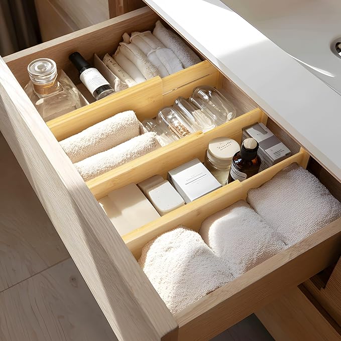 VaeFae 3 Pack Bamboo Drawer Dividers, 4" High Adjustable 16.6" - 21.8" Clothes Drawer Organizers, Expandable Separators for Bedroom/Bathroom/Kitchen/Office Storage