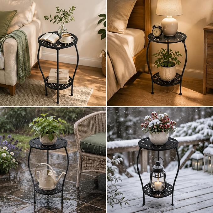 2-tiered 13.2 Inch Metal Round Side Table Set of Two Small Black Outside End Table for Patio Round Accent Garden Corner Stand for Small Spaces Weather-resistant Outdoor Coffee Table for Balcony, Black