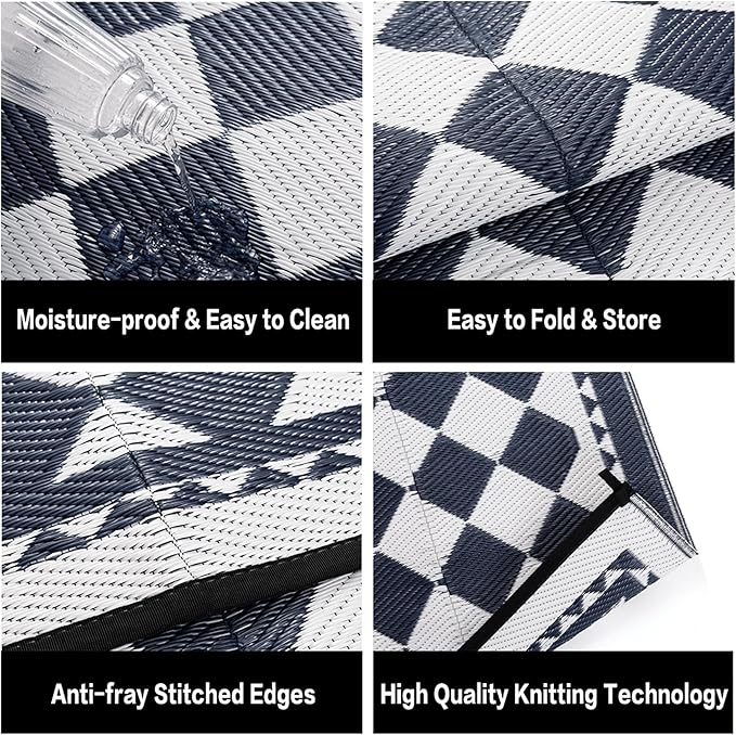 HUGEAR Outdoor Waterproof Rug 9'x12' Plastic Straw Rugs Washable Reversible Floor Mat Blue Plaid Carpet for Camping RV Deck Entryance Porch Picnic Balcony Beach Backyard