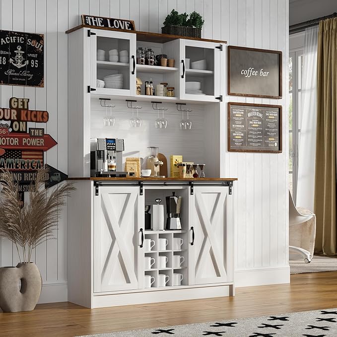 4ever2buy Farmhouse Coffee Bar Cabinet with Sliding Barn Doors, 72'' Hutch Cabinet with Storage, White Bar Cabinet with Glass Doors and Wine Rack, Tall Wine Bar for Living Dining Room