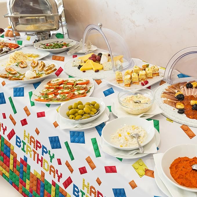 Gatherfun Building Block Tablecloth, Plastic Table Cover for Building Block Themed Kids Birthday Party, 3 PCS, 54'x108'