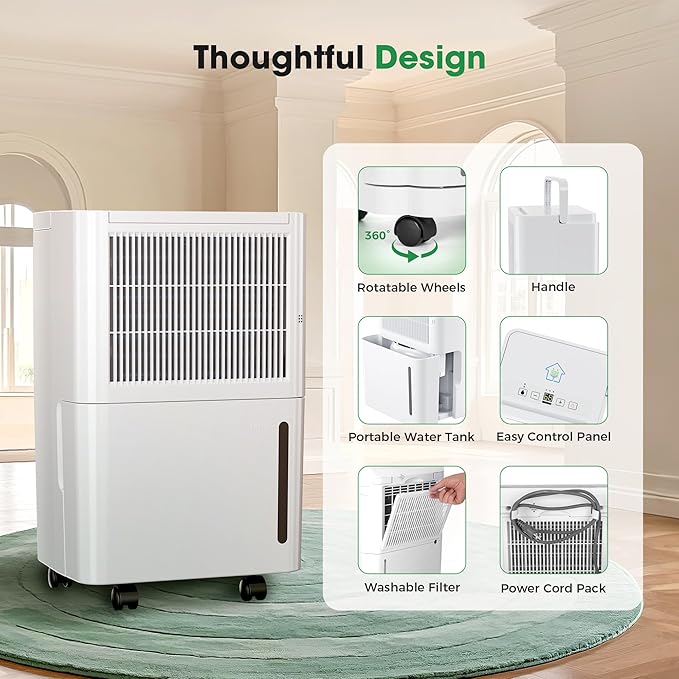 2,500 Sq.Ft Dehumidifier with Drain Hose, 30 Pints Dehumidifiers for Basement Bedroom Bathroom Large Room Home – Smart Humidity Control, 3 Modes, Dry Clothes, 24H-Timer, Auto Defrost