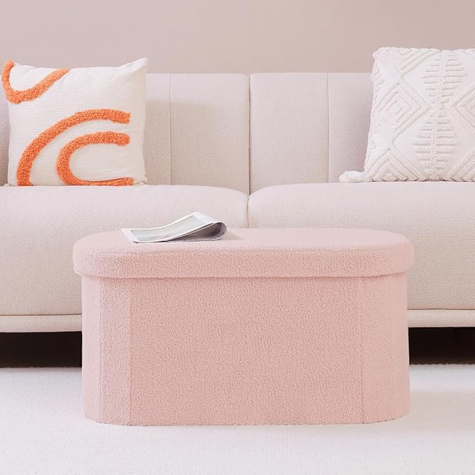 B FSOBEIIALEO Ottoman with Storage for Living Room, Sherpa Folding Storage Ottoman Foot Rest, 30 Inches Collapsible Bedroom Bench Pink