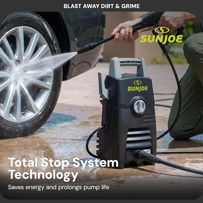 Sun Joe Electric Pressure Washer with Powerful Motor for Cars/Fences/Patios/All Uses, Safety First GFCI Power Cord, Adjustable Spray Wand & Total Stop System, 20-Foot Hose, Black, SPX205E-XT