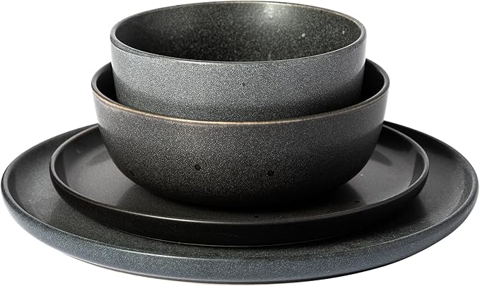 Gibson Elite James Street Stoneware Matte Reactive Double Bowl Dinnerware Set - Truffle Grey, Service for 4 (16pcs)