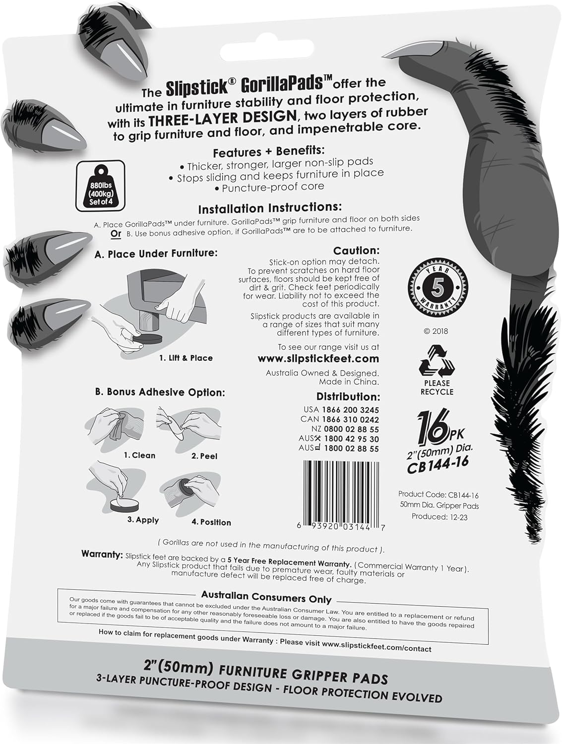 GorillaPads Non Slip Furniture Pads/Floor Grippers (Set of 16 Grips) 2 Inch Round Floor Protectors for Under Furniture, Black, CB144-16