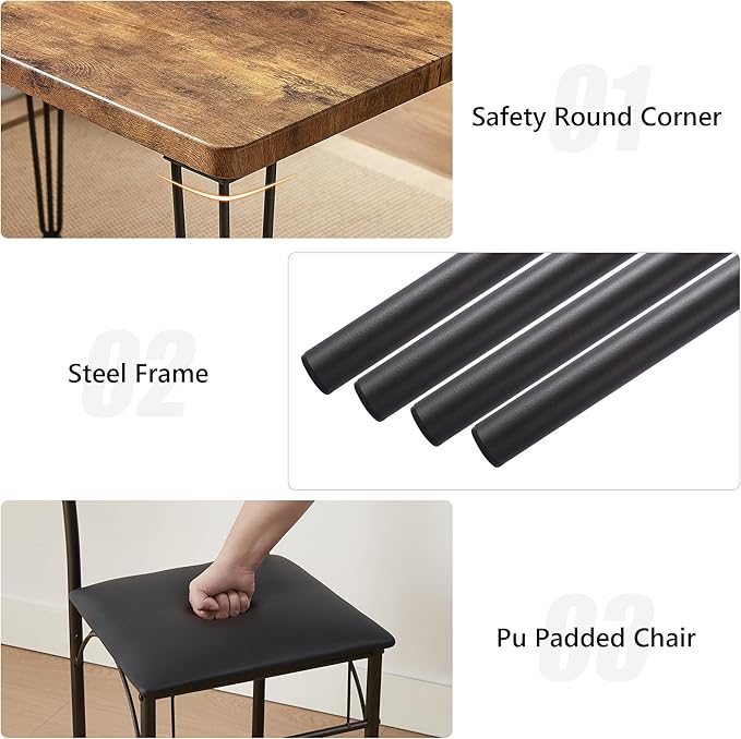 VECELO Kitchen Dining Room Table Set with 2 Chairs for Small Space, Apartment,Metal Steel Frame