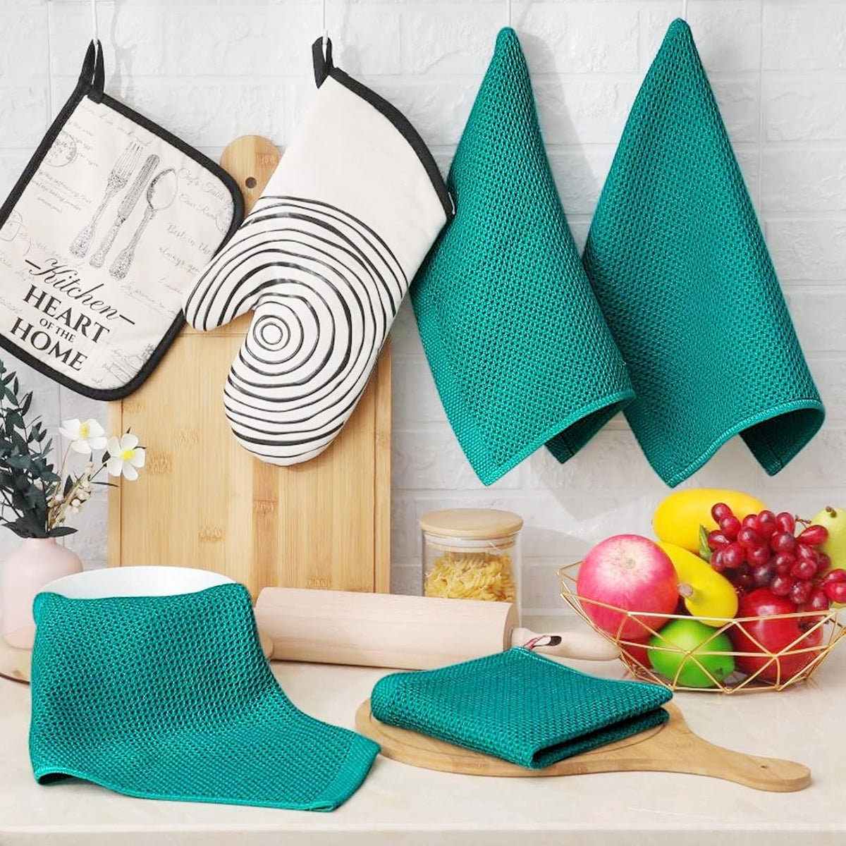 Homaxy 100% Cotton Waffle Weave Kitchen Dish Cloths, Ultra Soft Absorbent Quick Drying Dish Towels, 12 x 12 Inches, 8-Pack, Teal