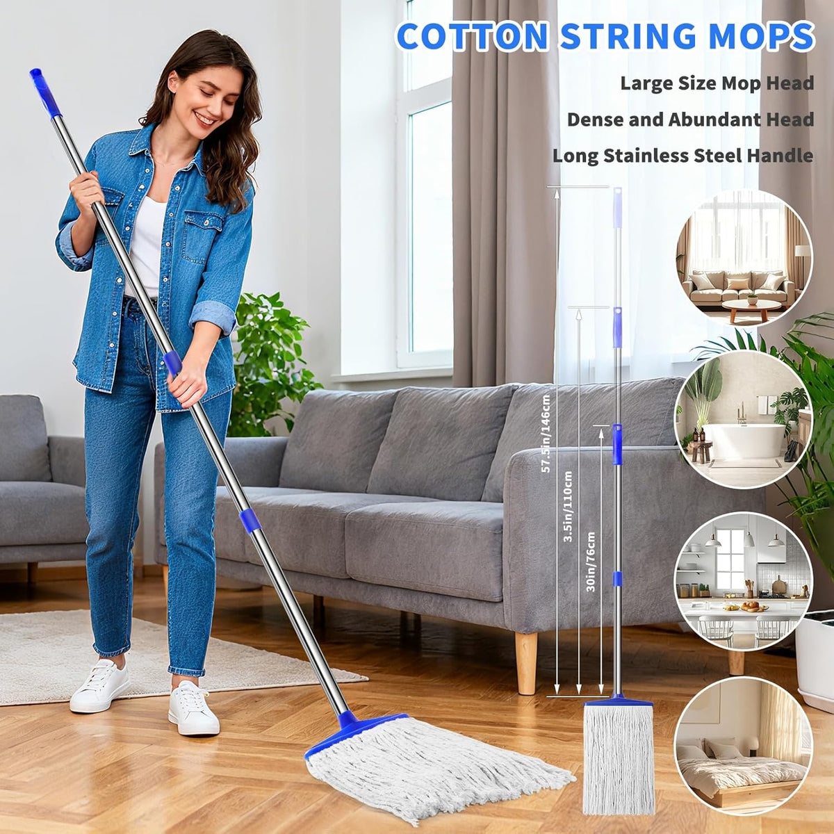 Indoor Cotton Mops for Floor Cleaning - Indoor Cleaning Mop for Wood Floors, Tile, Hardwood Floor, 52" Adjustable Stainless Steel Handle Mops to Clean Living Room, Kitchen,Bathroom. (White Blue)