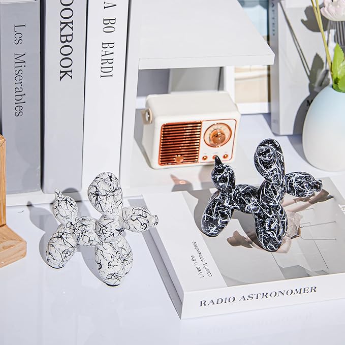 Creative Balloon Dog Statues Small Ceramic Animal Sculpture Modern Home Decor Living Room Desktop Decorations Bedroom Office Cabinet Ornament (White-B)
