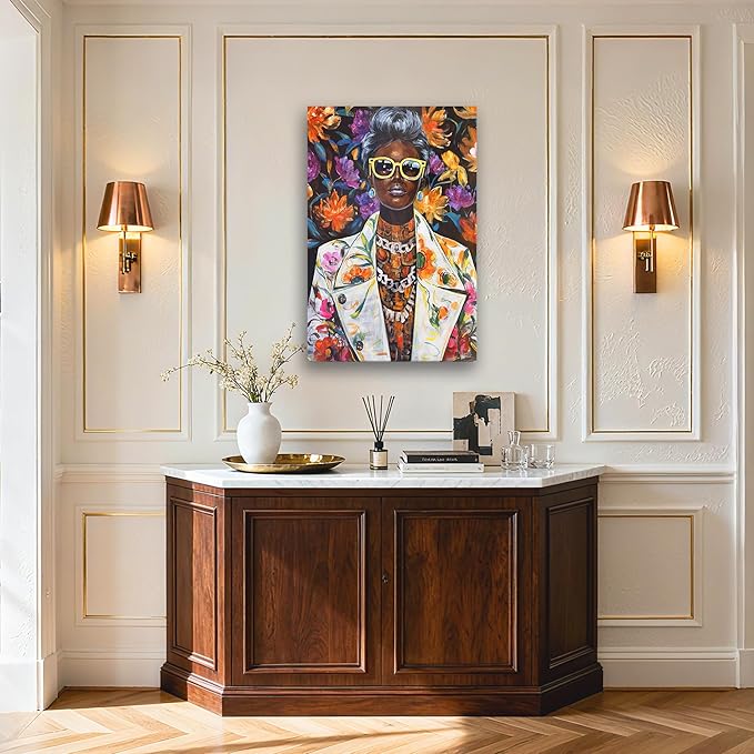 YETHEN WAL 24x36 inch Black Woman Portrait Wall Art – African American Afrocentric Floral Canvas Print, Modern Glam Black Woman Wall Decor for Living Room, Bedroom, Office, Vertical Fashion Artwork