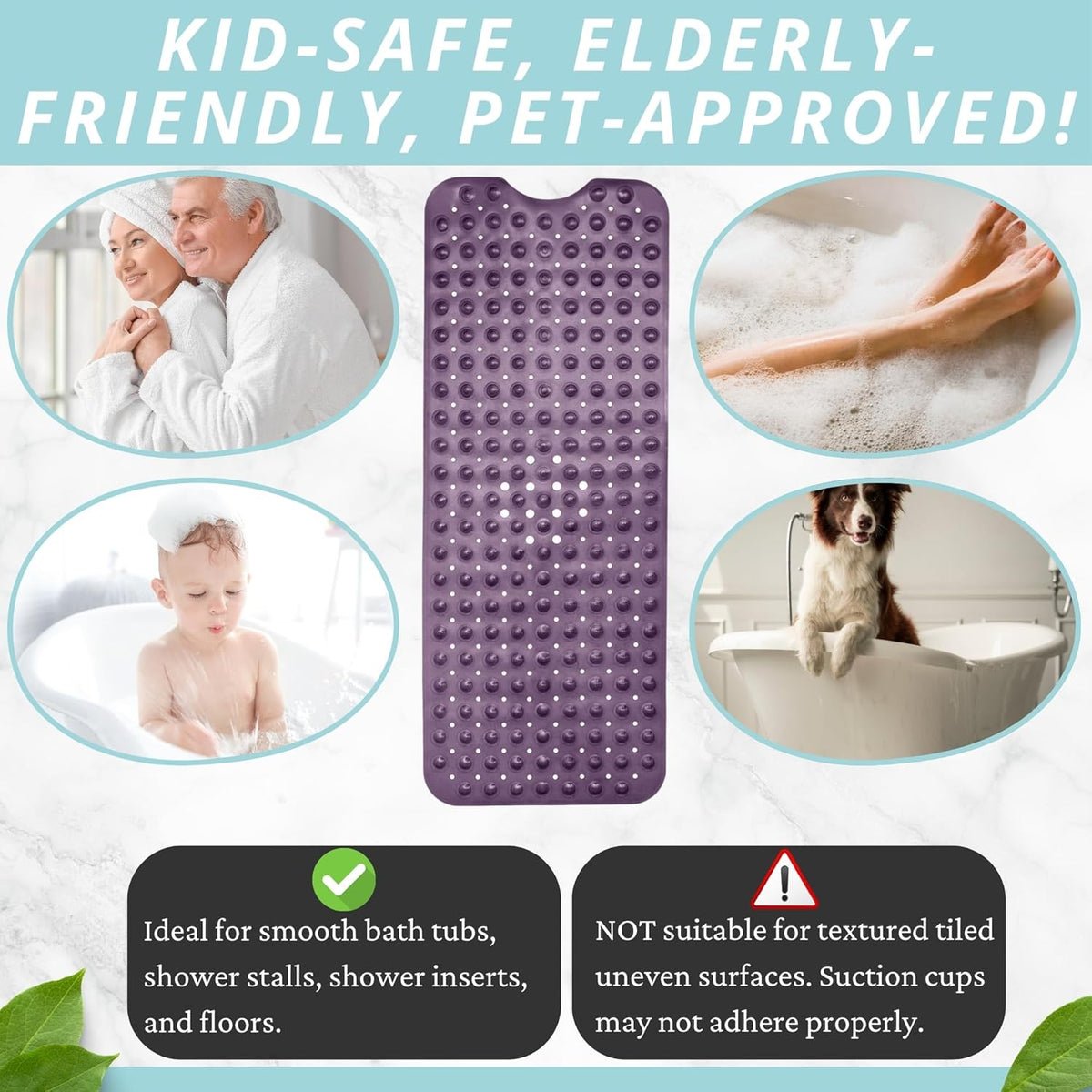 ENKOSI Bath Mat – 40 x 16 Inch Long Non-Slip Bathtub & Shower Mat with Suction Cups – Large PVC Bathroom Mat with Drain Holes for Tub & Shower (Bath - 40x16 Purple)