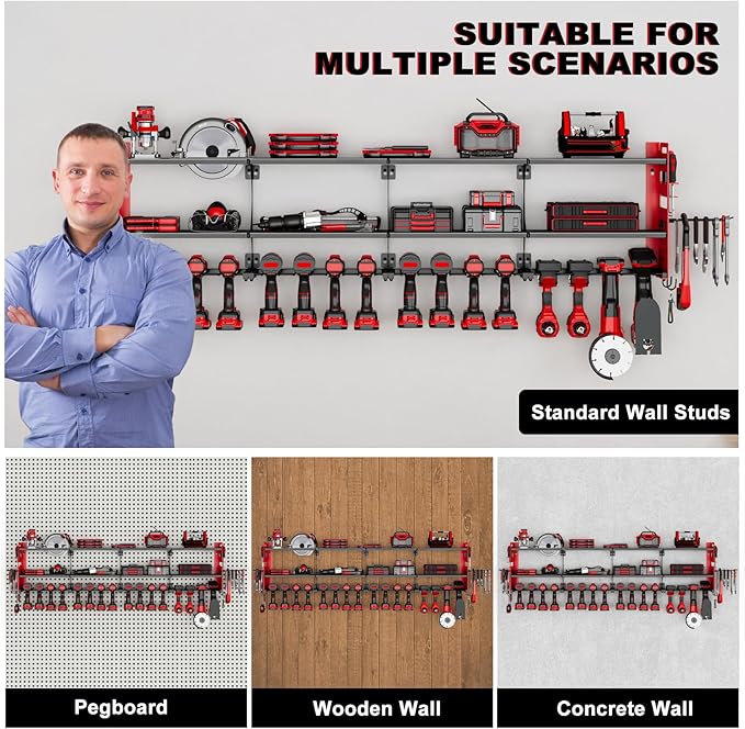 64" Power Tool Organizer Wall Mount, 16 Slots, 3-Tier Drill & Cordless Tool Storage Holder with Pegboard Sides, Tool Wall Organizer for Garage & Workshop Red