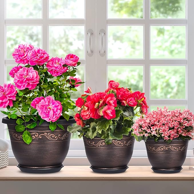Plastic-Plant-Flower-Planters-12 Inch with Drainage Hole & Saucer, 3 Packs Lightweight Small Resin Flower Pot Indoor Outdoor, Retro Antique Imitation Decorative Garden Containers Sets for Houseplants