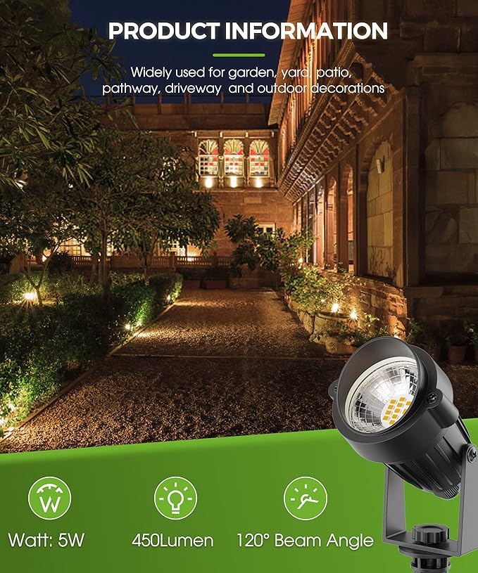 L LOHAS LED Landscape Lighting Outdoor, Spotlights for Yard Pathway Garden IP66 Waterproof, Dusk to Dawn Light Sensor, 120V 5W 450LM Yard Flood Light with 3-Plug, 3000K Warm White, UL Listed, 4Pack