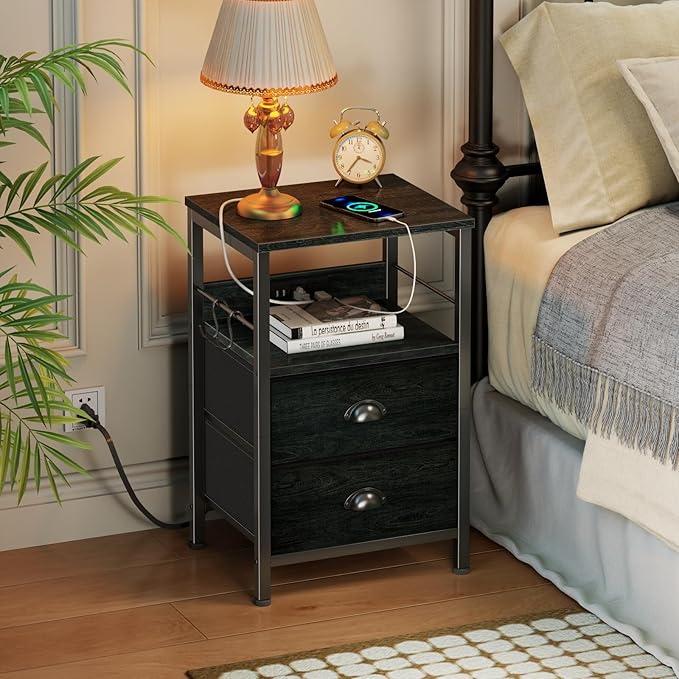 Furologee Nightstand with Charging Station, Black Night Stand with 2 Fabric Drawers, Side Table with USB Ports, End Table with Storage Shelf, for Living Room/Bedroom, Black Oak