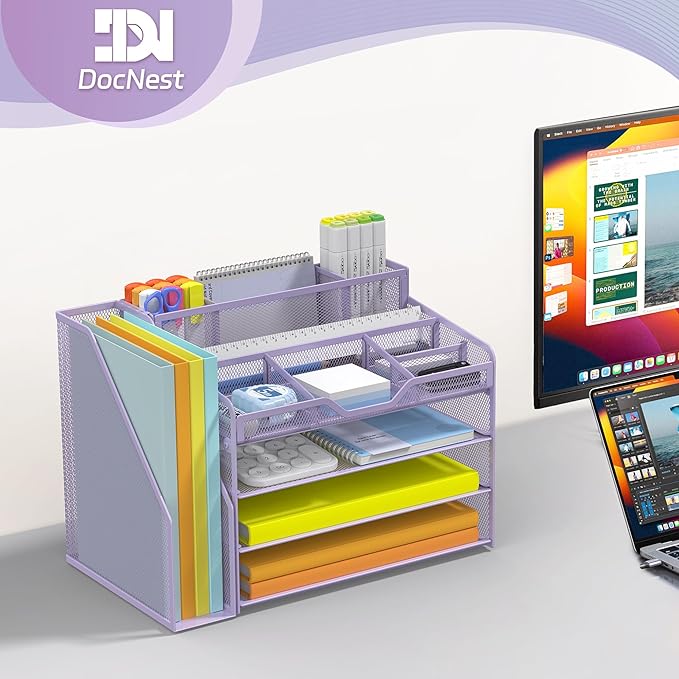 Docnest 4 Tier Mesh Desk Organizer with File Holder – Multi-Functional Paper Letter Tray with 5 Adjustable Compartments, 3 Pen Holders, Desktop Storage for Files, Mail, Stationery – Purple