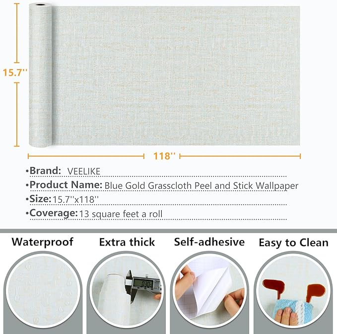 VEELIKE Blue Gold Grasscloth Peel and Stick Wallpaper 15.7''x118''