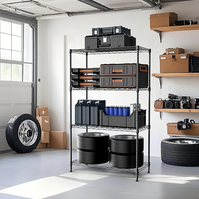 1000 lbs 4Tier Shelf Metal Storage Shelves Wire Rack Closet Organizers with Wheel for Garage Kitchen Bathroom Laundry Black 13.7" D x 29.5" W x 47.2" H