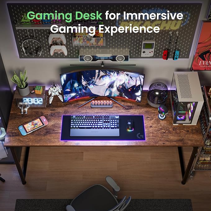 Huuger Computer Desk, 55 Inch Home Office Desk, Gaming Writing Work from Home Study Desk, Large Legroom, Sturdy Metal Frame, Modern Simple, Rustic Brown