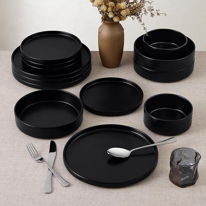 E-far Black Dinnerware Sets for 8, 24-Piece Stoneware Plates and Bowls Dish Set, Modern Kitchen Dinning Dishware, Chip and Scratch Resistant, Microwave & Dishwasher Safe, Matte Black