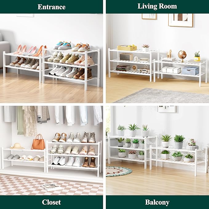 Smiry Bamboo Shoe Rack for Closet, 2 Tier Wooden Stackable Shoe Organizer, Free Standing Shoes Storage Shelf for Entryway, Front Door Entrance, White