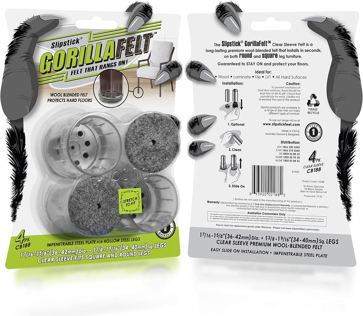 Slipstick GorillaFelt Chair Leg Floor Protectors for Hardwood Floors, Clear Sleeve Felt Pads for Furniture That Stay On, Fits Round & Square Legs, Includes 4 Premium Transparent Chair Socks, CB188