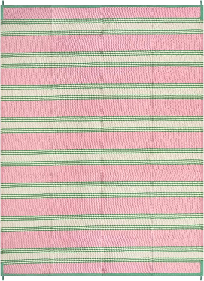 Lahome Striped Outdoor Plastic Straw Rug, Reversible Outdoor Rug Waterproof 9x12 Rugs for Patio, RV Camping Rug Picnic Mat Outside Large Carpet for Beach Deck Backyard Balcony(Pink/Green,9'x 12')