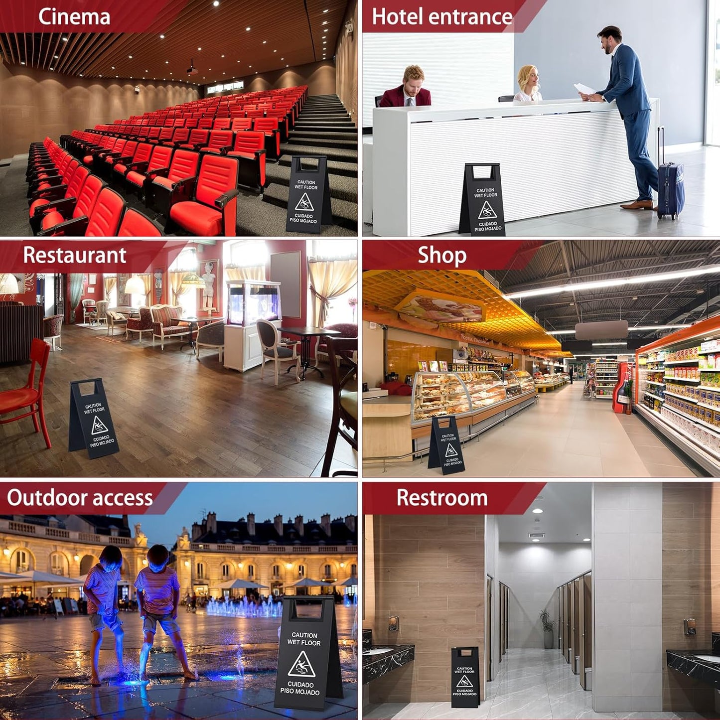 Kigley 2 Pcs Wet Floor Sign, 17 Inch Stainless Steel Caution Wet Floor Sign Double Sided Portable Foldable Bilingual Safety Warning for Hotel Market Restroom Restaurant Office (Black)