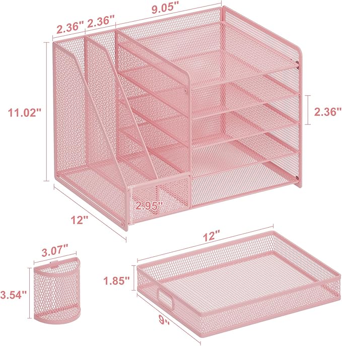 Marbrasse Desk Organizer with File Holder, 5-Tier Paper Letter Tray Organizer with Drawer and 2 Pen Holder, Mesh Desktop Organizer and Storage with Magazine Holder for Office Supplies(Pink)