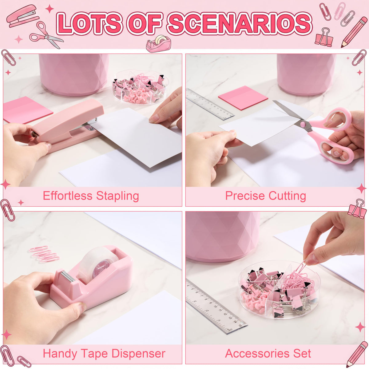 Eersida 20 Pcs Pink Desk Accessories and Organizer with 360° Rotating Pen Holder, Stapler, Staple Remover, Tape Dispenser, Binder Paper Clips Kit, Scissor, Highlighters, Pens, Office School Supplies