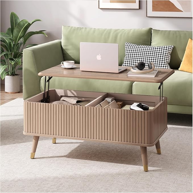Lift Top Coffee Table with Storage,Mid Century Modern Coffee Table,Fluted Wood Rectangle Center Table for Living Room,Home Office,Natural Oak