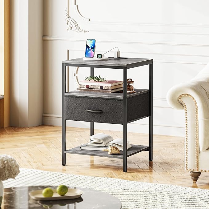 SUPERJARE Night Stand with Charger Station, 27.7 Inch Tall Nightstand with Adjustable Fabric Drawer, Bed Side Table, Fabric Drawer Dresser for Bedroom, Living Room, Charcoal Gray and Black