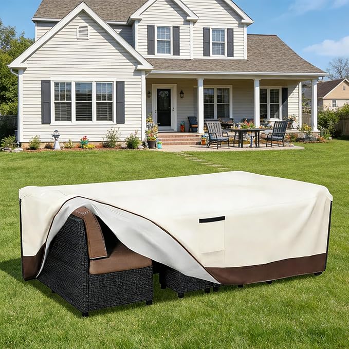 Patio Furniture Covers Waterproof,600D Heavy Duty Patio Cover for 6/7/8 PCS Sets Sectional Sofa Couch Dining Rocking Swivel Chairs Ottomans Coffee Table,111L x 74W x 28H inch Beige & Brown
