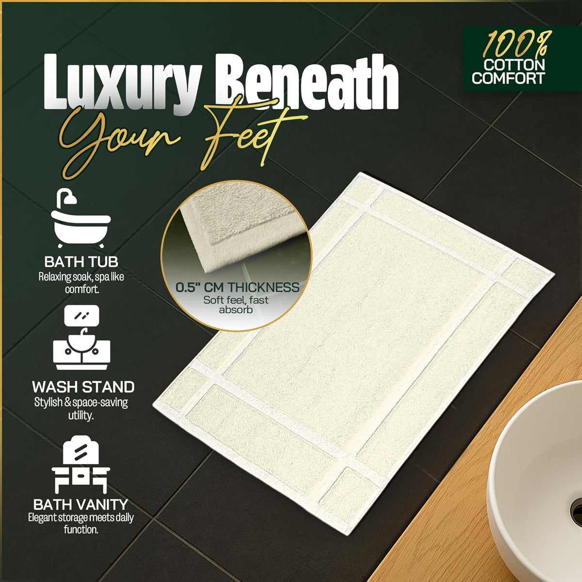 Pearl Linens Pack of 6 100% Cotton Bath Mat 20x30 inches, Soft & Absorbent Quick Dry Bathroom Mat Set, Not Bathroom Rugs, After Shower Mat, Bath Tub Mat, 687 GSM, Machine Washable, Ivory
