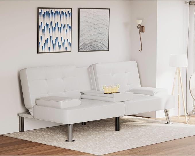 Flamaker Futon Sofa Bed Modern Folding Futon Set PU Leather Convertible Recliner Lounge for Living Room with 2 Cup Holders, Removable Armrests (PU Leather, White)