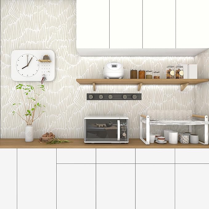 Theper Beige Peel and Stick Wallpaper Boho 17.3"×118" Modern Striped Removable