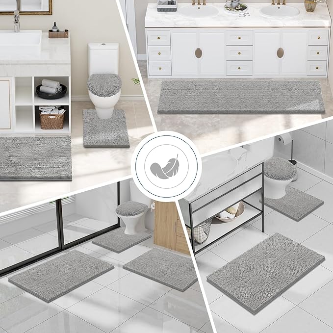 Smiry Luxury Chenille Bathroom Rugs 47x20, Extra Soft and Absorbent Shaggy Bath Mat, Machine Washable, Non-Slip Plush Carpet Runner for Tub, Shower, and Floor, Home Decor Accessories, Light Grey