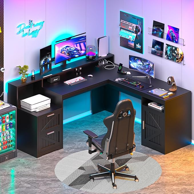 63" Farmhouse L Shaped Desk with Drawers & Storage Shelf, Corner Computer Desk with Power Outlets for Home Office, Executive Desk with Monitor Stand, Printer Shelf, Black