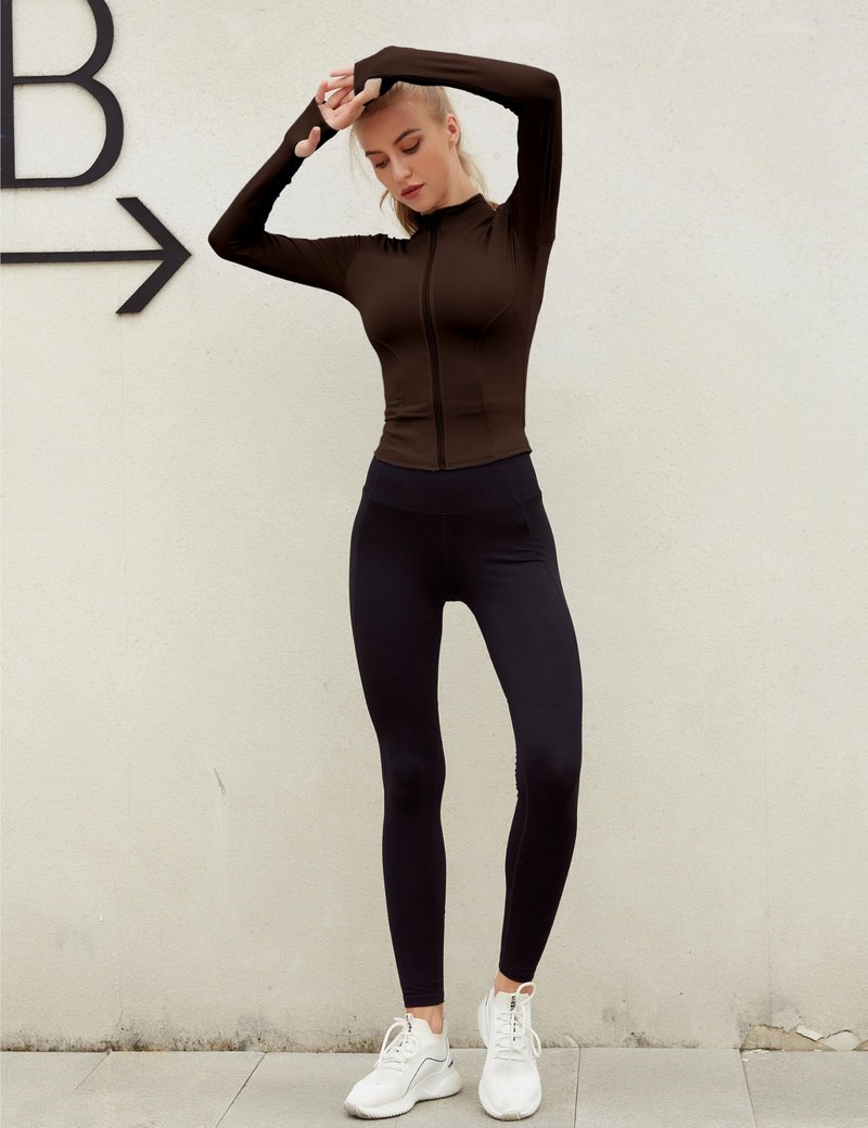 Lviefent Womens Lightweight Full Zip Running Track Jacket Workout Slim Fit Yoga Sportwear with Thumb Holes (Brown-XL)