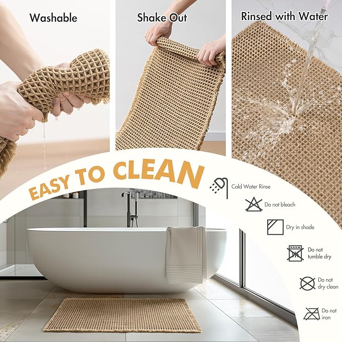 MIULEE Set of 2 Waffle Bathroom Runner Rugs, Boho Bath Rugs Non Slip Washable, Super Absorbent Runner Bath Mats, Rubber Backed Shower Mats for Hallway Bedroom Laundry Room, Brown, 2'x4'(24x48 Inch)