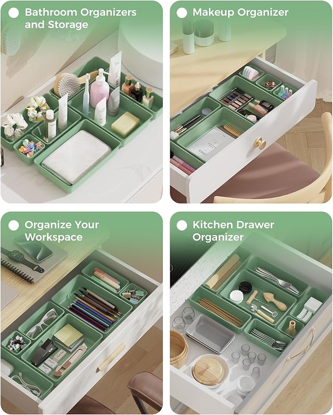 25 PCS Plastic Drawer Organizers Set, 4-Sizes Vanity and Makeup Organizer, Desk and bathroom Drawer Organizer Trays, Organizers and Storage for Makeup, Jewelry, Gadgets, Utensils (Green)