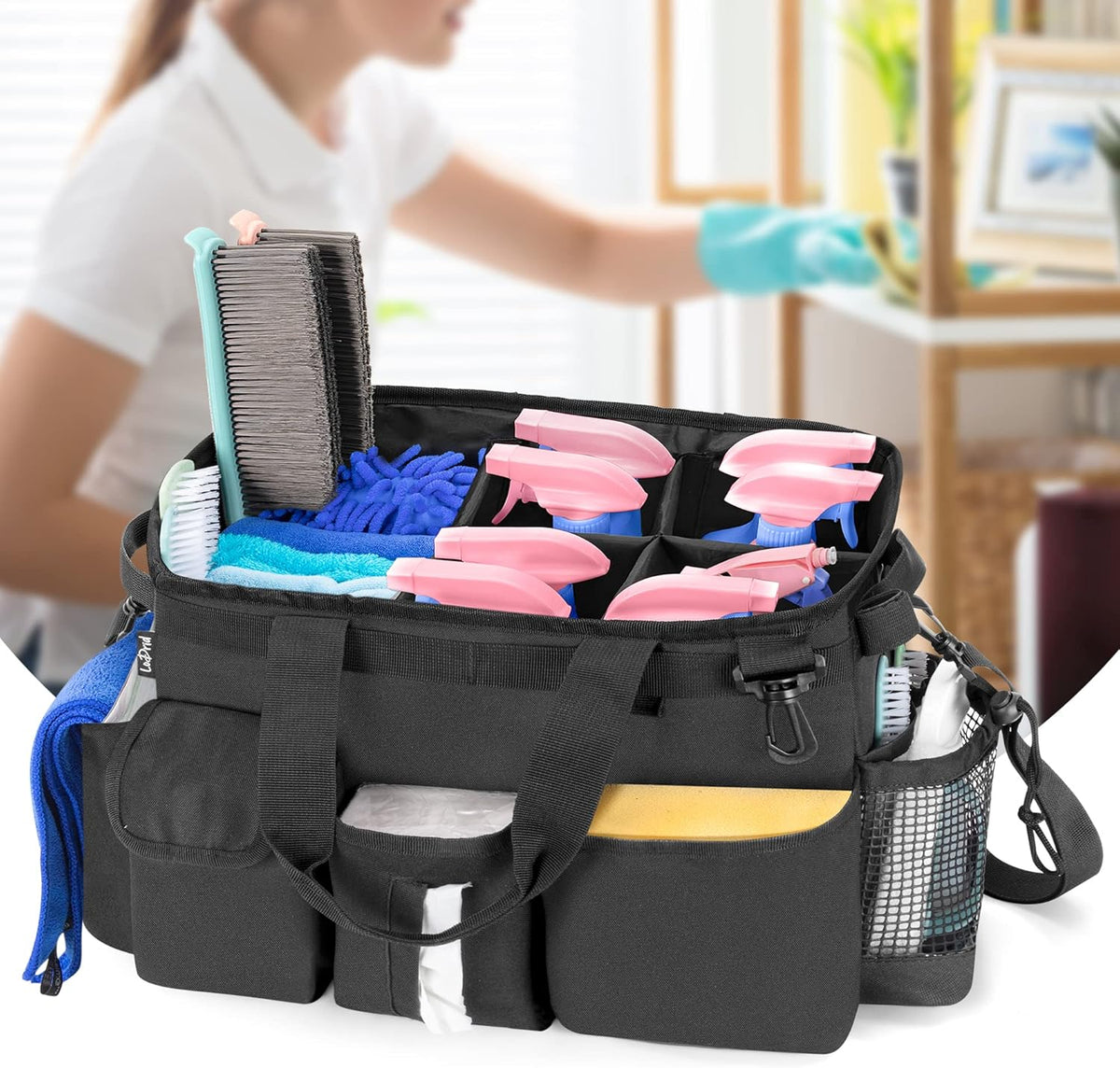 LoDrid Large Wearable Cleaning Caddy Bag with Detachable Divider, Cleaning Supply Tote with Handles, Organizer with Adjustable Shoulder Strap for Cleaners & Housekeepers, Black