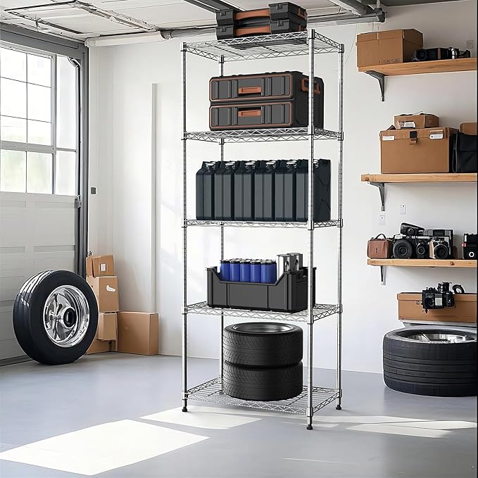 1250 lbs 5 Tier Shelf Metal Storage Shelves Wire Rack Closet Organizers with Wheel for Garage Kitchen Bathroom Laundry Chrome 13.7" D x 23.6" W x 62.4" H