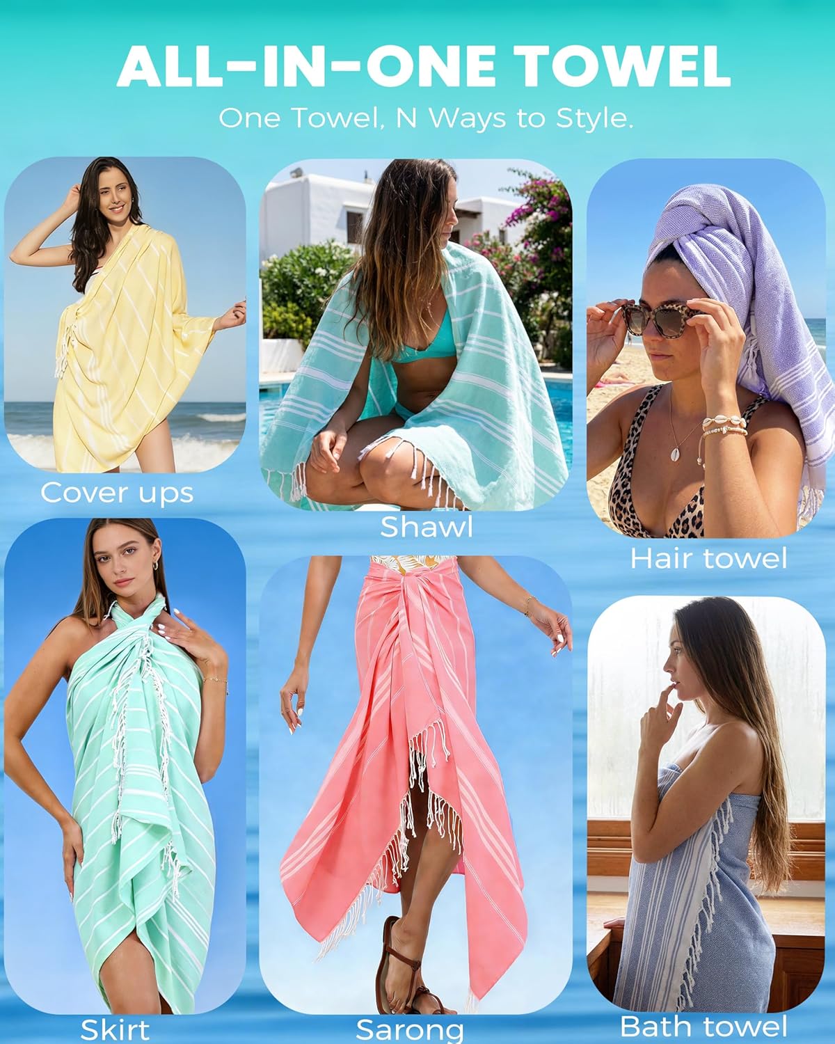 Skiennix Oversized Turkish Beach Towels - Quick Dry, Sand-Free, Extra Large XL Set of 4 for Travel & Pool