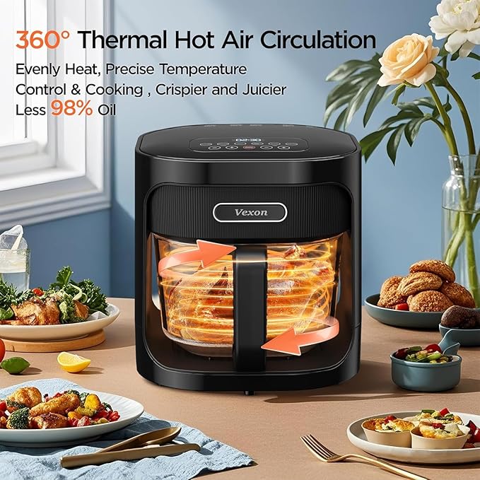 4.5QT Large Air Fryer – See-Through Glass, 360° Hot Air and Auto Shut-Off for Golden, Crispy Food