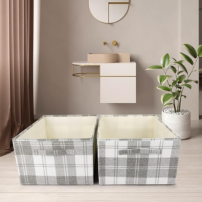 ANMINY 2PCS Storage Baskets Closet Storage Organizer Bins with Handles, Foldable Large Fabric Storage Bins for Shelves, Rectangular Baskets Laundry Clothes Blanket Cubes - Light Gray, Medium